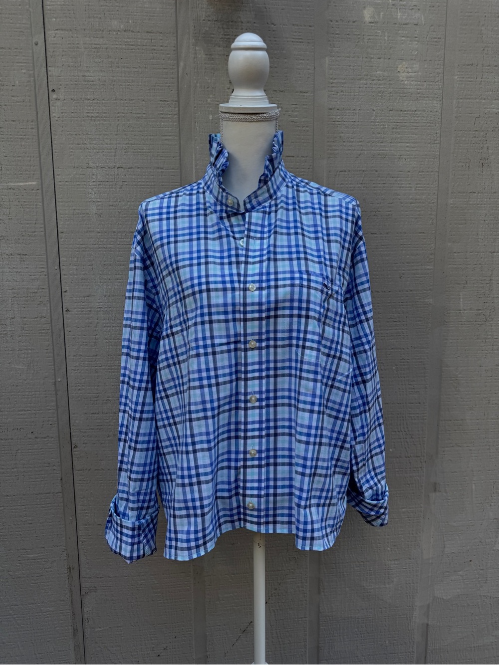Vineyard Vines Refashioned Blue and White Plaid Ruffle-Collar Crop Button Down